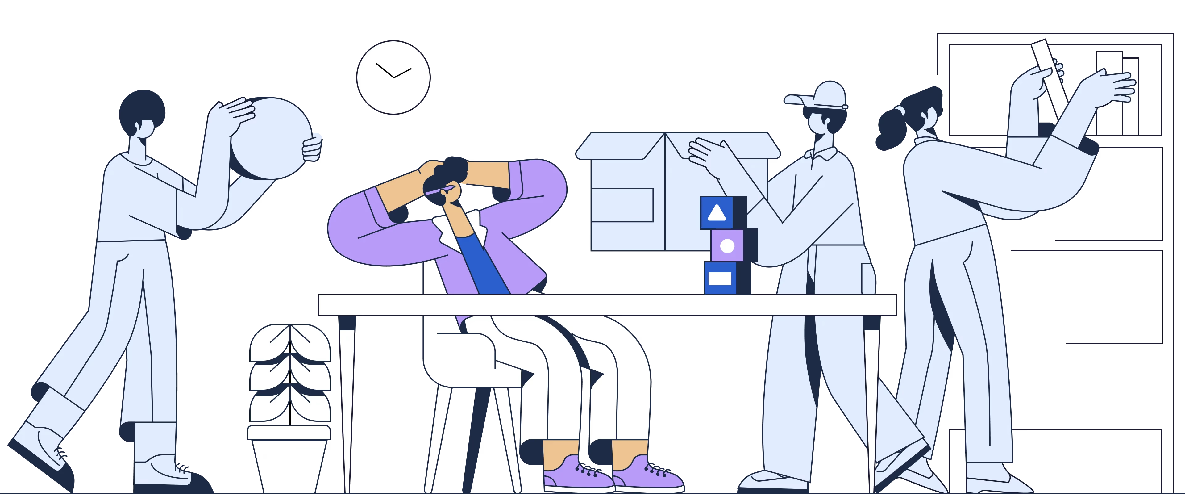 Graphics of stylised people in an office setting.